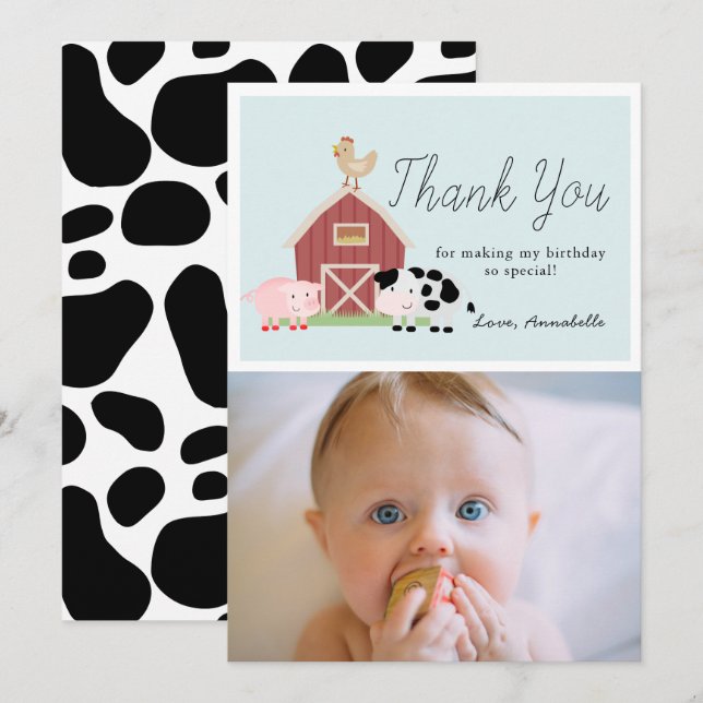 Farm Animals Barnyard Blue Birthday Thank You Card (Front/Back)