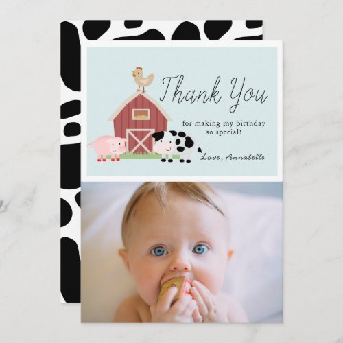 Farm Animals Barnyard Blue Birthday Thank You Card