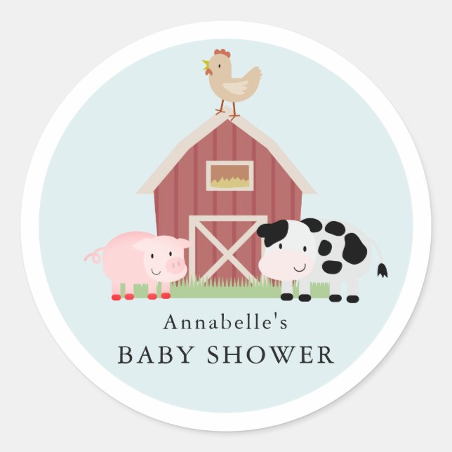 Farm Animals Barnyard Blue Boy Baby Shower Classic Round Sticker (Front)