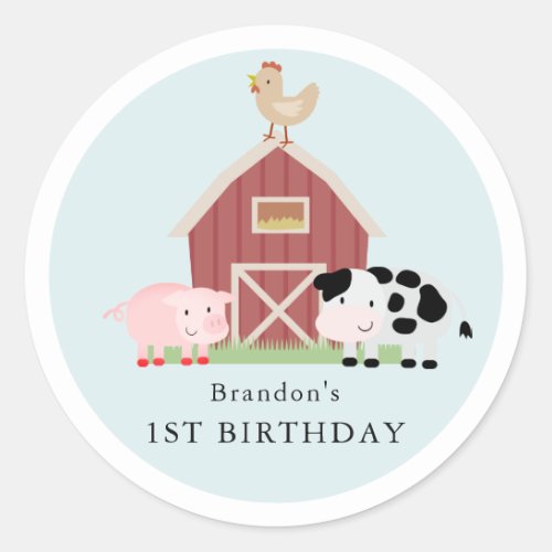 Farm Animals Barnyard Blue Boy Birthday Classic Round Sticker