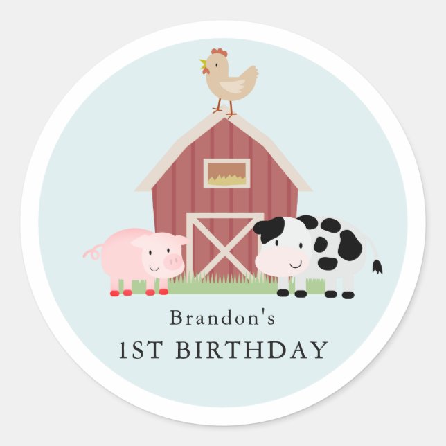 Farm Animals Barnyard Blue Boy Birthday Classic Round Sticker (Front)