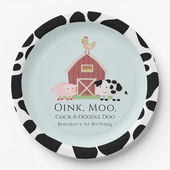 Farm Animals Barnyard Blue Boy Birthday Paper Plates (Front)