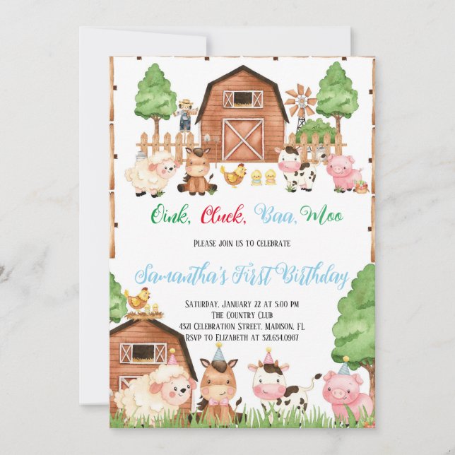 Farm Animals Barnyard Blue Boy Birthday Party Invitation (Front)