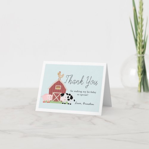 Farm Animals Barnyard Blue Boy Birthday Thank You Card