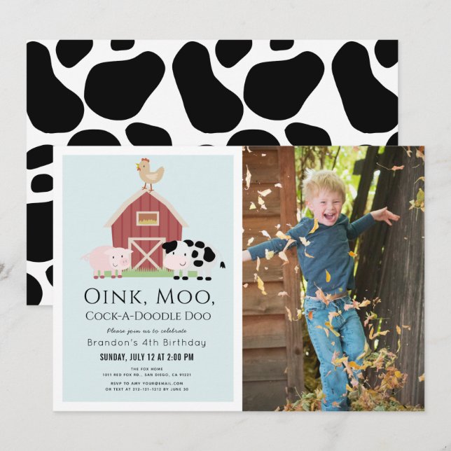 Farm Animals Barnyard Blue Boy Photo Birthday Invitation (Front/Back)