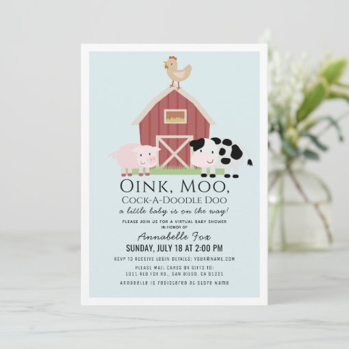 Farm Animals Barnyard Blue Boy Virtual Baby Shower Invitation | Zazzle