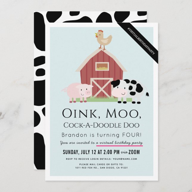 Farm Animals Barnyard Blue Boy Virtual Birthday Invitation (Front/Back)