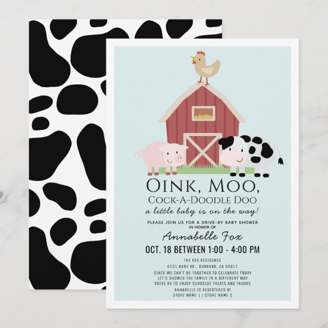 Farm Animals Barnyard Blue Drive-by Baby Shower Invitation (Front/Back)