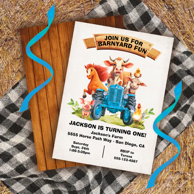 Farm Animals Barnyard Blue Tractor Birthday Invitation | Zazzle