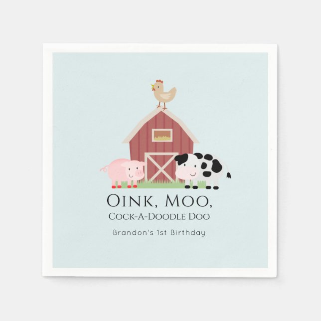 Farm Animals Barnyard Boy Blue Birthday Paper Napkins (Front)