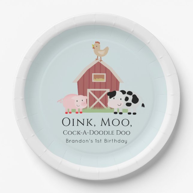 Farm Animals Barnyard Boy Blue Birthday Paper Plates (Front)