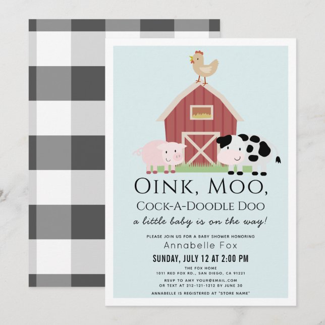 Farm Animals Barnyard Gingham Blue Boy Baby Shower Invitation (Front/Back)