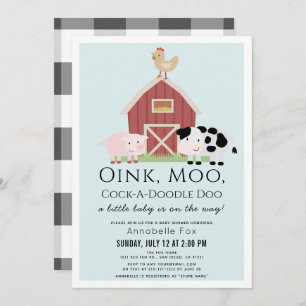 Farm Animals Barnyard Gingham Blue Boy Baby Shower Invitation