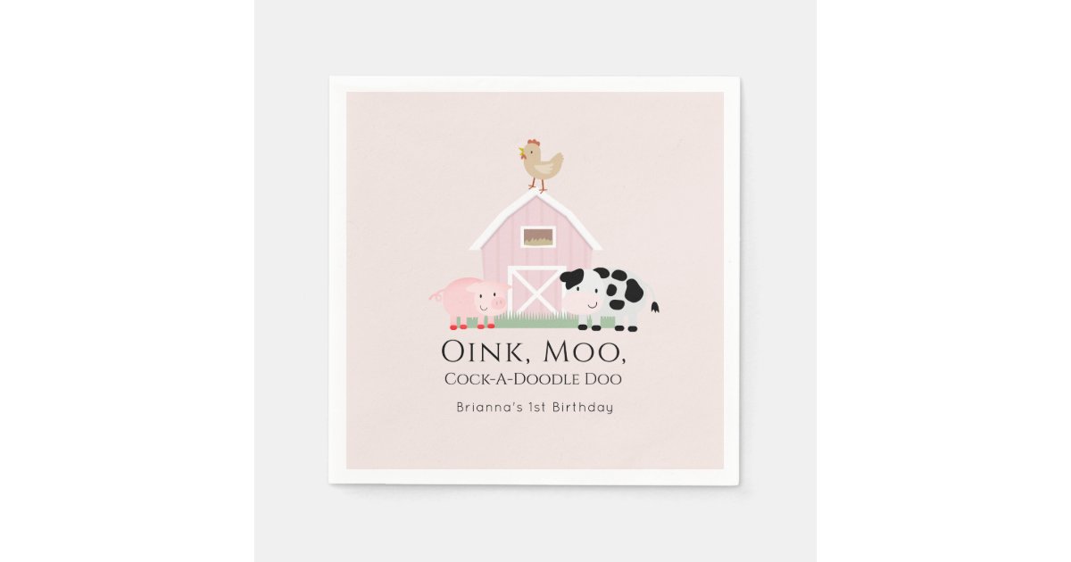 Farm Animals Barnyard Girl Pink Birthday Paper Napkins | Zazzle