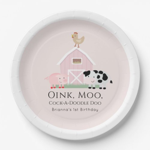 Farm Animals Barnyard Girl Pink Birthday Paper Plates