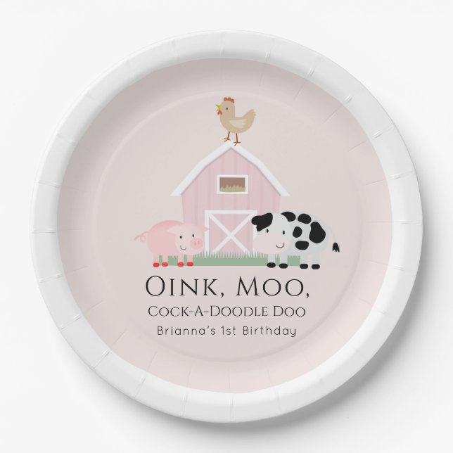 Farm Animals Barnyard Girl Pink Birthday Paper Plates (Front)