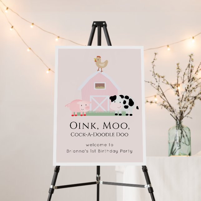 Farm Animals Barnyard Girl Pink Birthday Welcome Foam Board (In Situ (Stand))