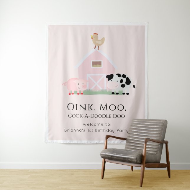 Farm Animals Barnyard Girl Pink Birthday Welcome Tapestry (In Situ)