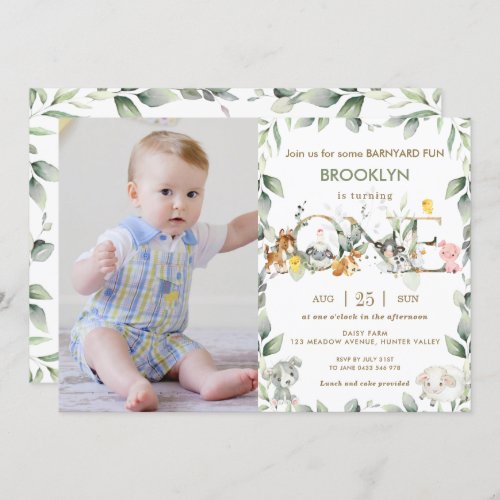 Farm Animals Barnyard Greenery 1st Birthday Photo Invitation