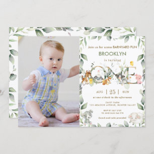 Farm Animals Barnyard Greenery 1st Birthday Photo Invitation