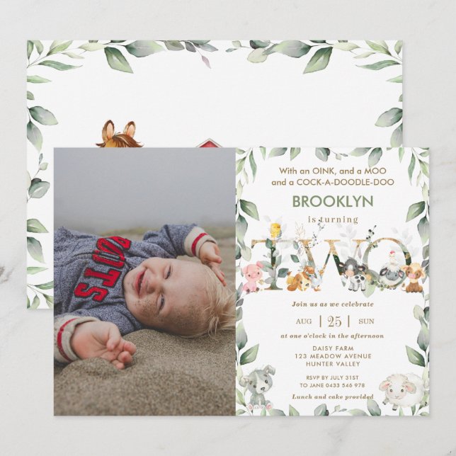 Farm Animals Barnyard Greenery 2nd Birthday Photo Invitation (Front/Back)