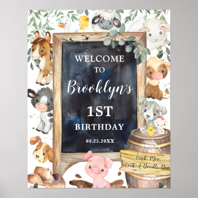 Farm Animals Barnyard Greenery Birthday Welcome Poster (Front)