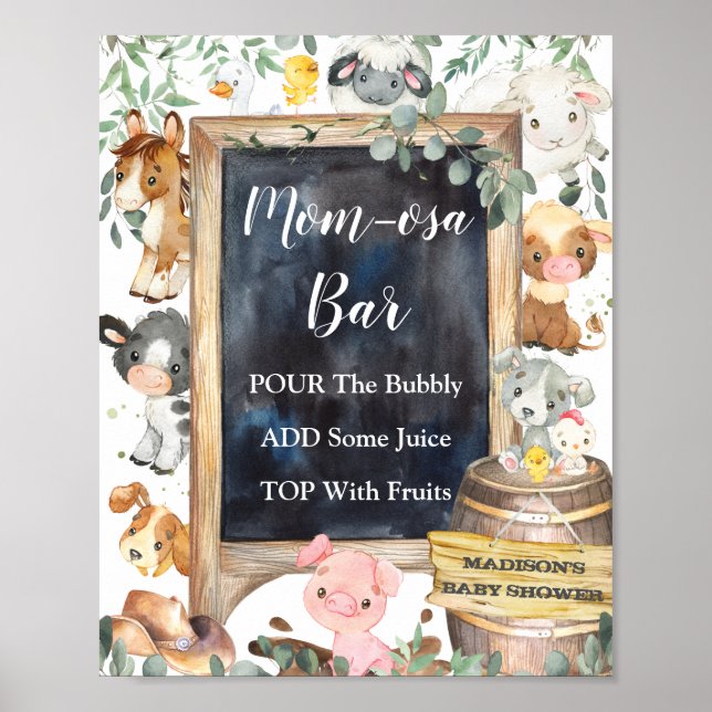 Farm Animals Barnyard Greenery Mom-osa Bar Sign (Front)