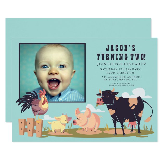 Farm Animals Barnyard Kids Birthday Photo Invite