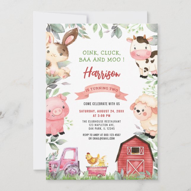 Farm Animals Barnyard Oink Baa Moo Birthday Invitation (Front)