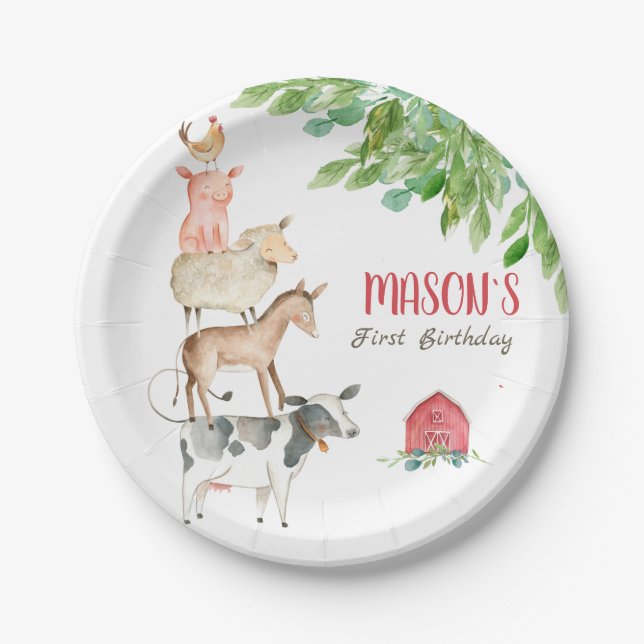 Farm Animals Barnyard Party Greenery Boy Birthday Paper Plates (Front)