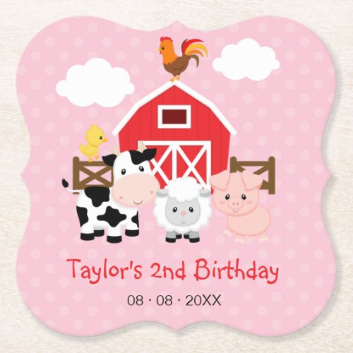 Farm Animals Barnyard Personalized Birthday Party Paper Coaster