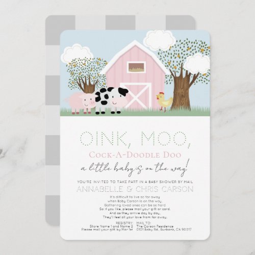 Farm Animals Barnyard Pink Baby Shower by Mail Invitation