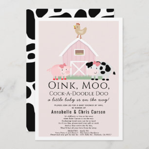 Farm Animals Barnyard Pink Baby Shower by Mail Invitation