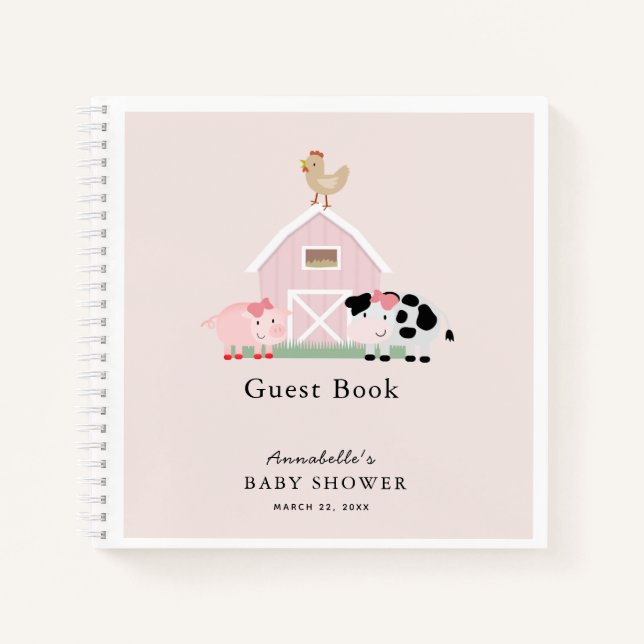 Farm Animals Barnyard Pink Baby Shower Guest Book (Front)