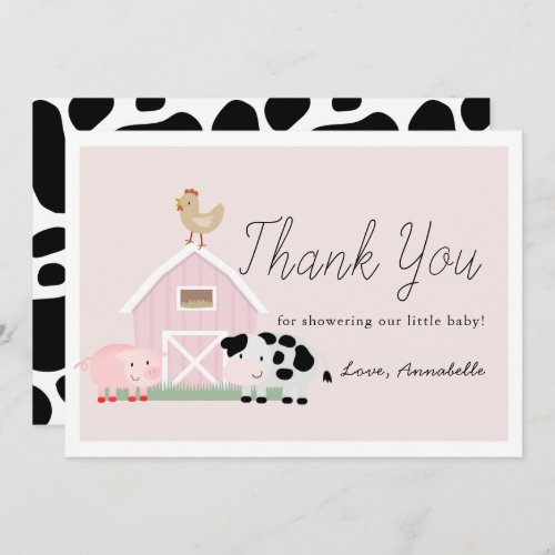 Farm Animals Barnyard Pink Baby Shower Thank You Invitation