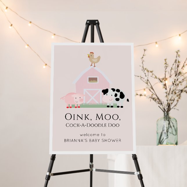 Farm Animals Barnyard Pink Baby Shower Welcome Foam Board (In Situ (Stand))