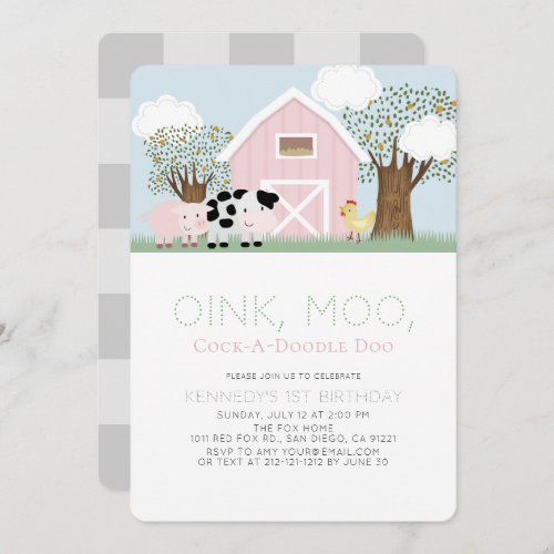 Farm Animals Barnyard Pink Barn 1st Birthday Invit Invitation