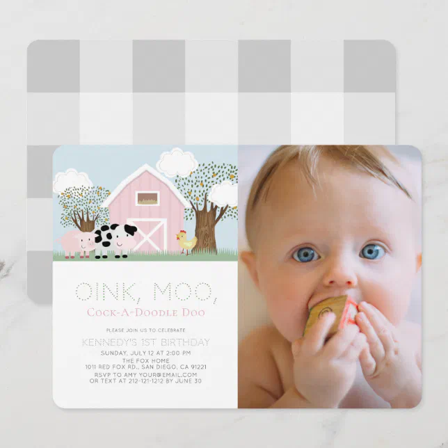 Farm Animals Barnyard Pink Barn 1st Birthday Photo Invitation | Zazzle