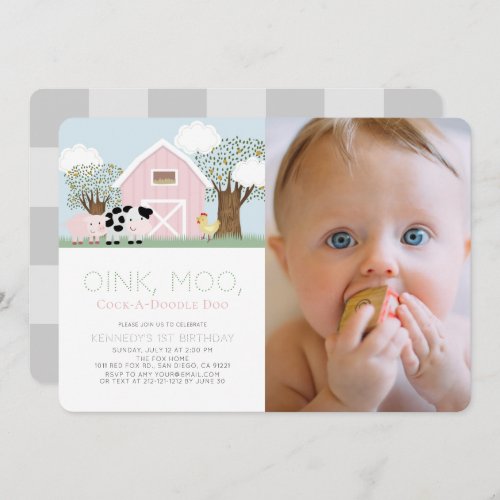 Farm Animals Barnyard Pink Barn 1st Birthday Photo Invitation