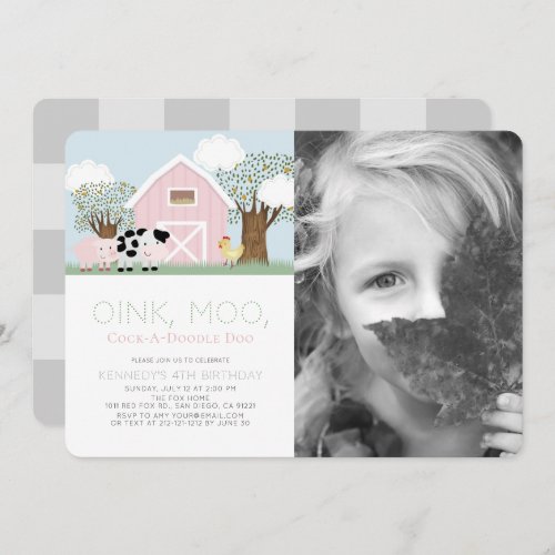 Farm Animals Barnyard Pink Barn Birthday Photo Invitation