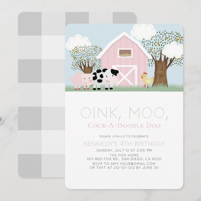 Farm Animals Barnyard Pink Barn Girl Birthday Invitation (Front/Back)