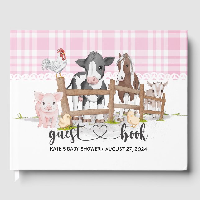 Farm Animals Barnyard Pink Birthday Guest Book (Front)
