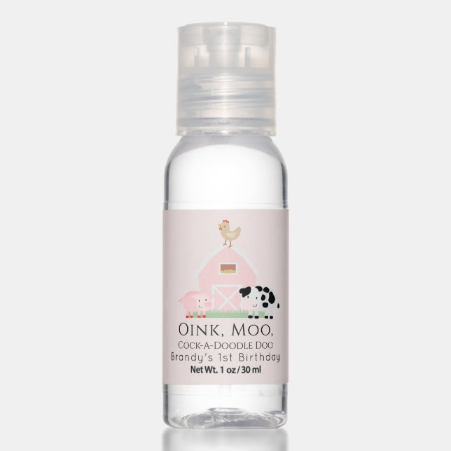 Farm Animals Barnyard Pink Birthday Hand Sanitizer (Front)