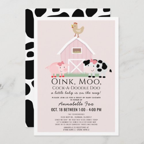 Farm Animals Barnyard Pink Drive_by Baby Shower Invitation