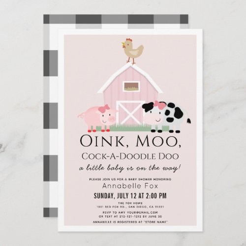 Farm Animals Barnyard Pink Gingham Baby Shower Invitation