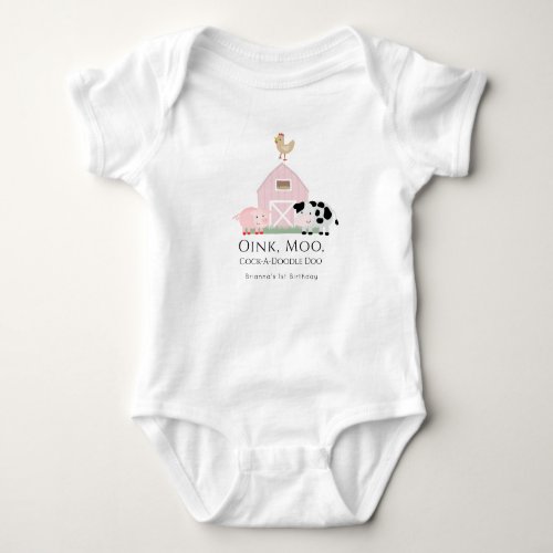 Farm Animals Barnyard Pink Girl 1st Birthday Baby Bodysuit