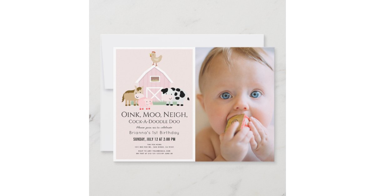 Farm Animals Barnyard Pink Girl 1st Birthday Invitation | Zazzle