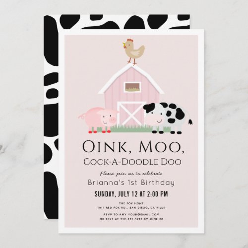 Farm Animals Barnyard Pink Girl 1st Birthday Invitation