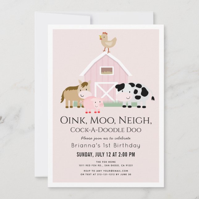 Farm Animals Barnyard Pink Girl 1st Birthday Invitation (Front)