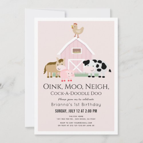 Farm Animals Barnyard Pink Girl 1st Birthday Invitation